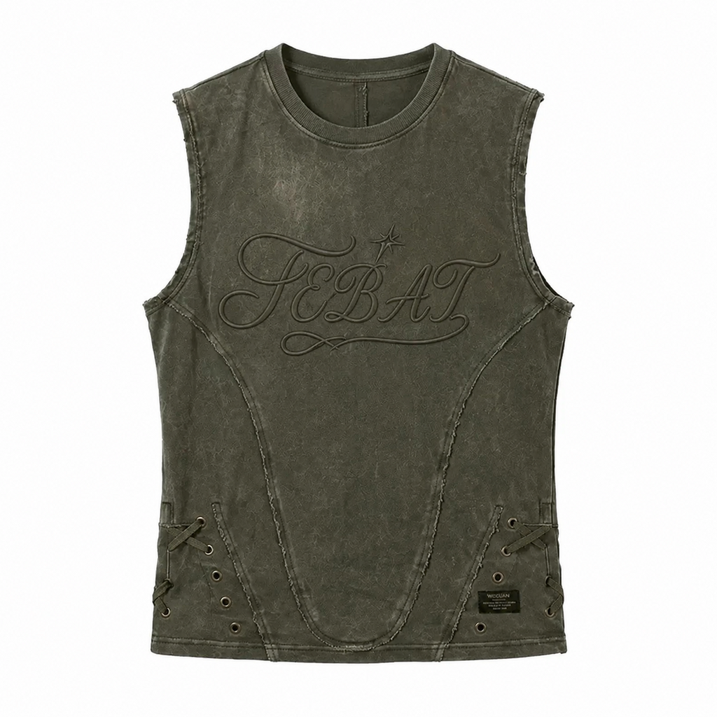 FEBAT distressed lace-up sleeveless top in washed olive, front view