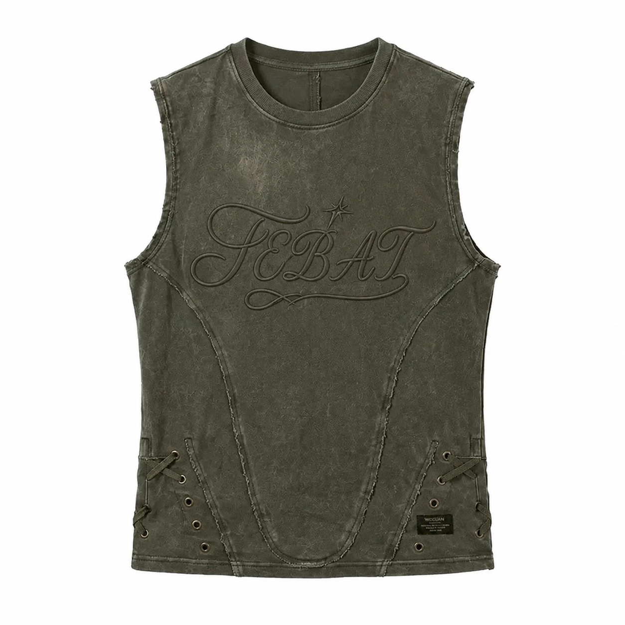 FEBAT distressed lace-up sleeveless top in washed olive, front view