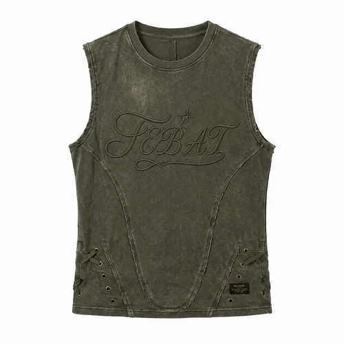 FEBAT distressed lace-up sleeveless top in washed olive, front view