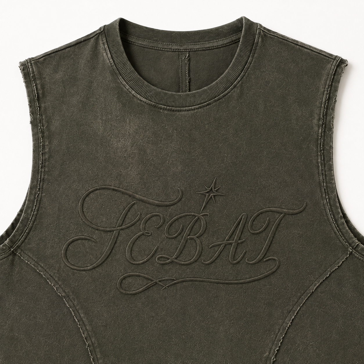 FEBAT tonal chest logo, neckline, distressed finish, and curved seam detail