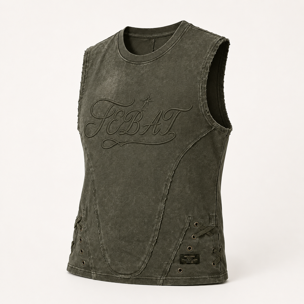 FEBAT distressed lace-up sleeveless top, three-quarter studio view